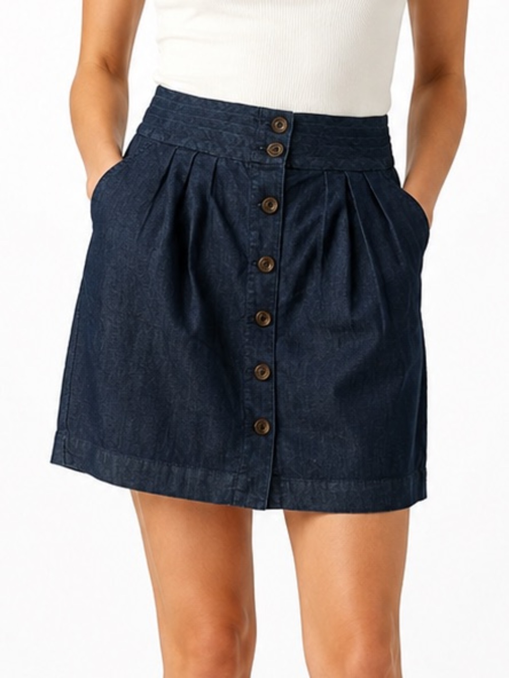 Pilcro Anthropologie Chambray Button Front Mini Skirt Size 12 Pockets